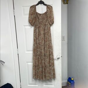 Audrey Brown and Tan Puff Sleeve Maxi Dress